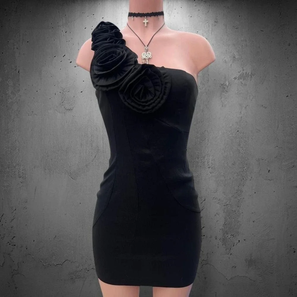 Vintage Daisy One Shoulder Rosette Mini Bodycon Dress - Picture 2 of 6